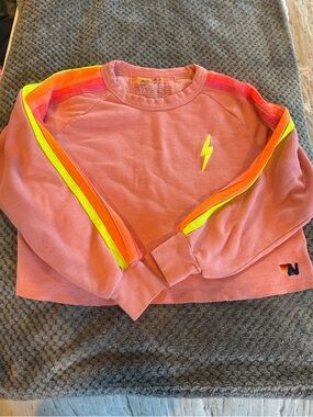 Aviator Nation Pink Sweatshirt with Neon Stripe & Lightning Bolt